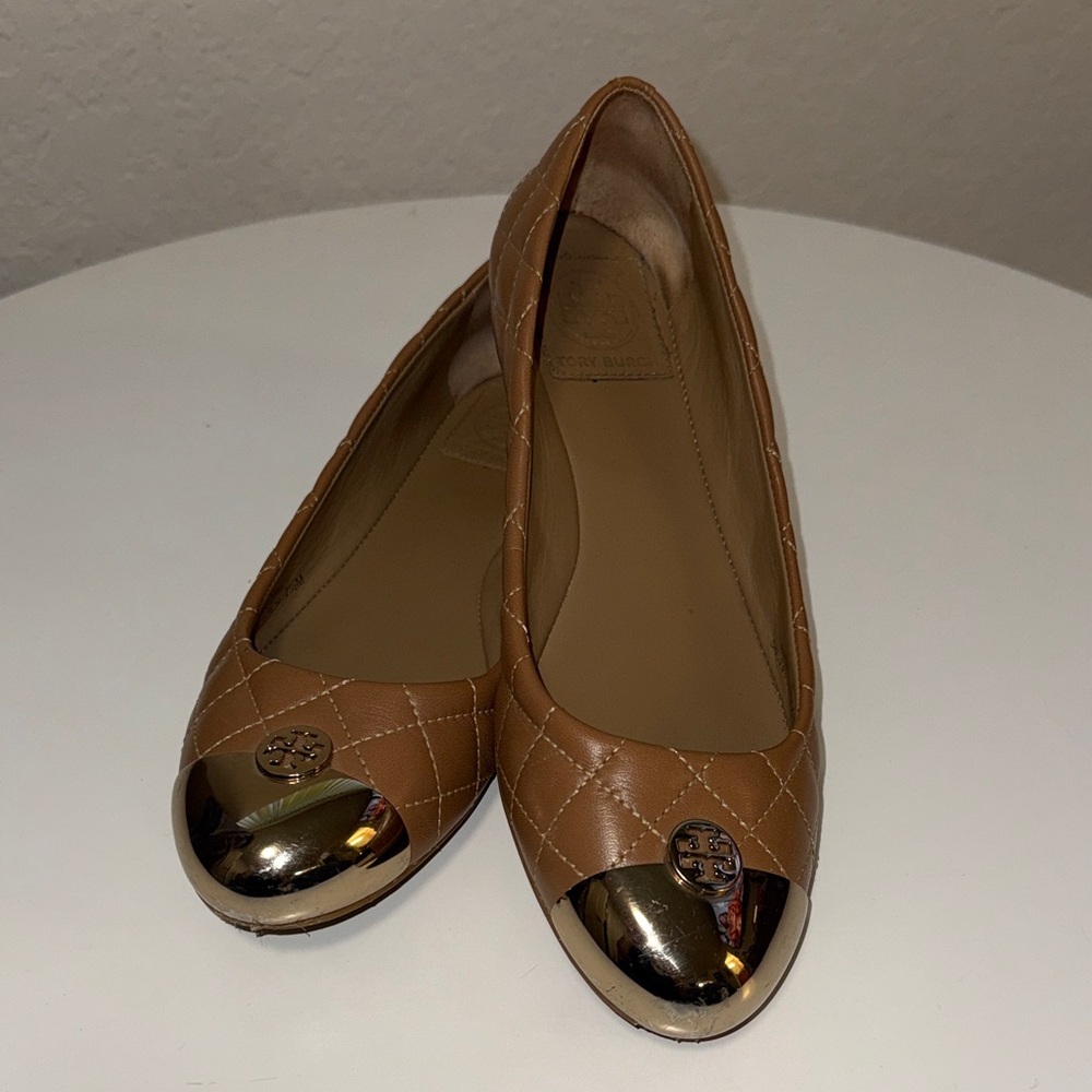 Tory Burch Brown Quilted Flats with Gold Tips